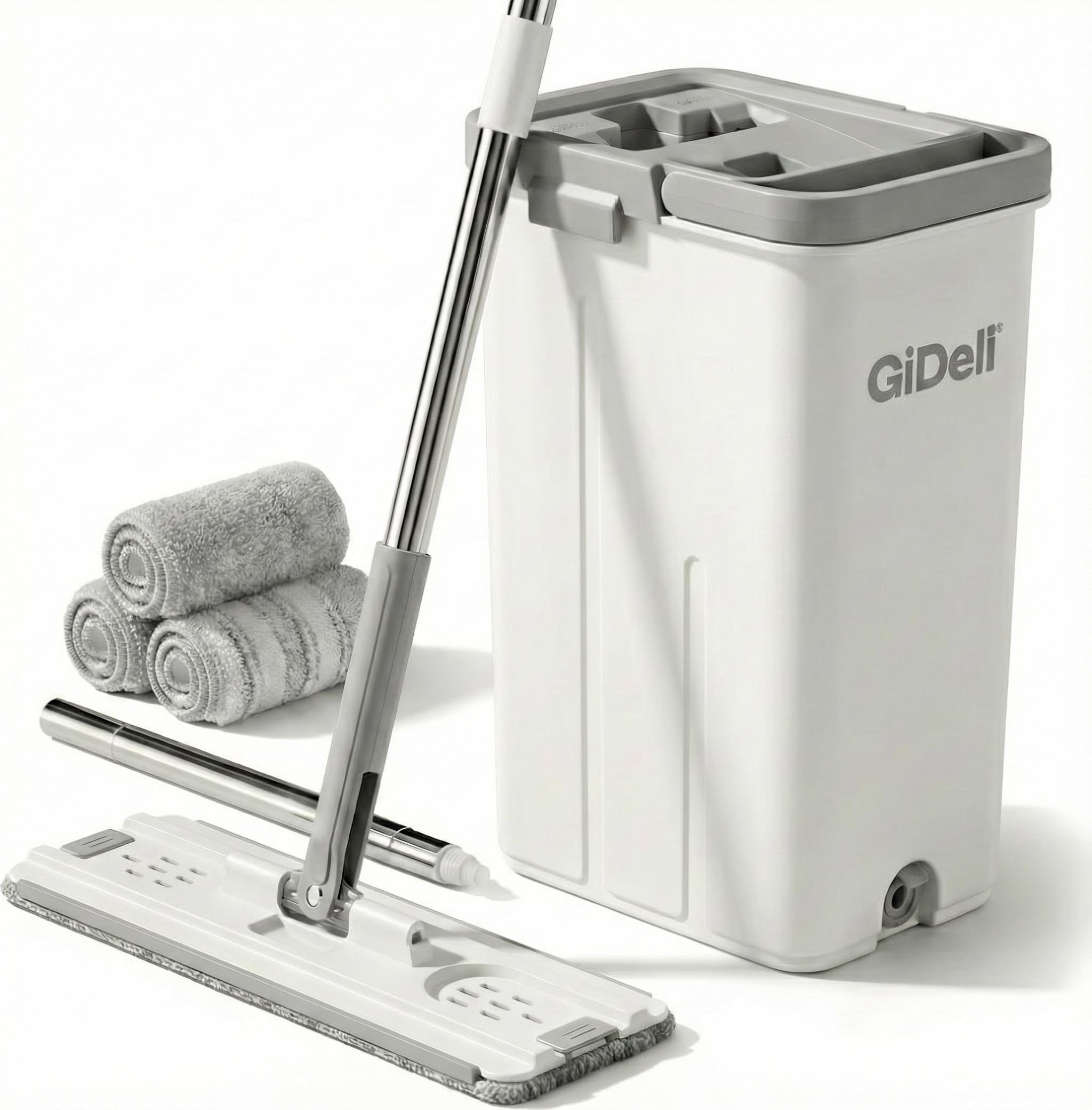 GiDeli Wischmopp und Eimer mit Auswringer-Set - Grau Flach Squeeze Mop Eimer Set für Bodenreinigung - Nass Trocken Mop für Wandreiniger mit langem Griff - Hartholz Bodenwischer mit 3 Mikrofasertüchern