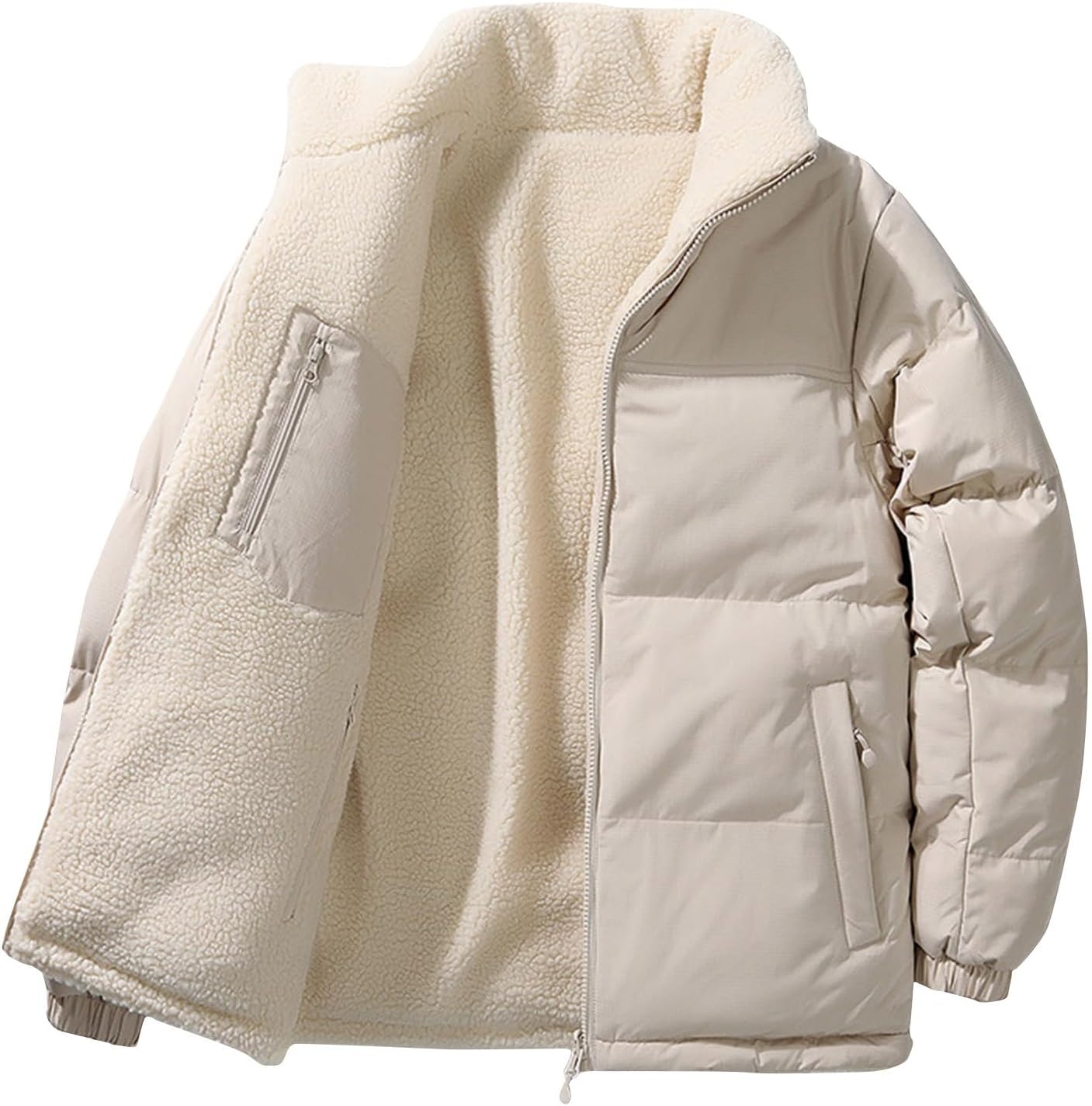 NATHGAM Men's Fleece Lined Puffer Jacket Warm Windproof Thicken Winter Down Jacket Stand Collar Fashion Zipper Quilted Coat