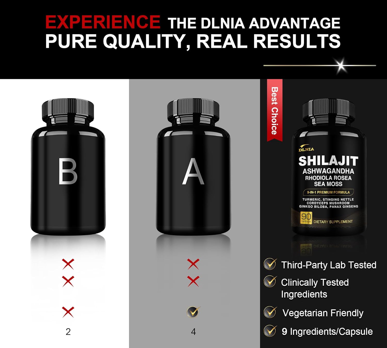 DLNIA Shilajit 9-in-1 Capsules – Organic Himalayan Complex with Ashwagandha, Sea Moss, Turmeric & More – Vegan, Lab-Tested, Immune & Energy Support for Men & Women – 90 Capsules