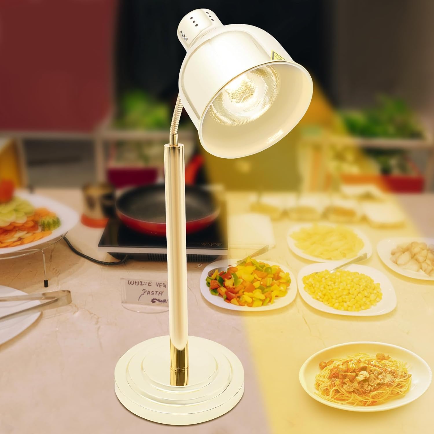 Commercial Food Heat Lamp, 110V 250W Food Warmer, Infrared Heating Bulb for Food, Free-Standing Food Heating Lamp, 180°Adjustable Head Food Warmer Light, for Kitchen, Dining Room, Buffet (Gold)