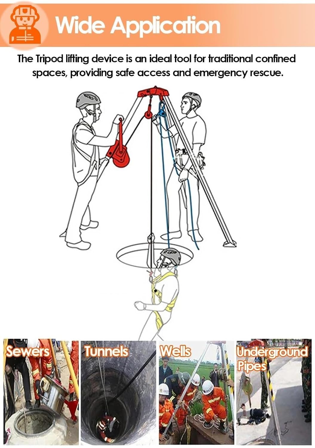 Fall Arrest Kits,Tripod Rescue System - Traditional Aluminum Confined Space Tripod Kit 1200LBS 1800LBS 2600LBS Winch, for Manhole/Tunneling/Cable Trench/Sewage Wells, Easy to Install(1200LB