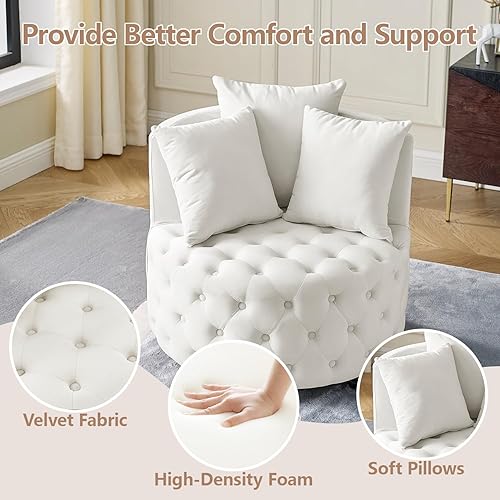 Miniatura 4 de Silla giratoria de barril, sofá giratorio de terciopelo con 3 almohadas y 4 ruedas, moderna silla giratoria redonda de gran tamaño, silla giratoria