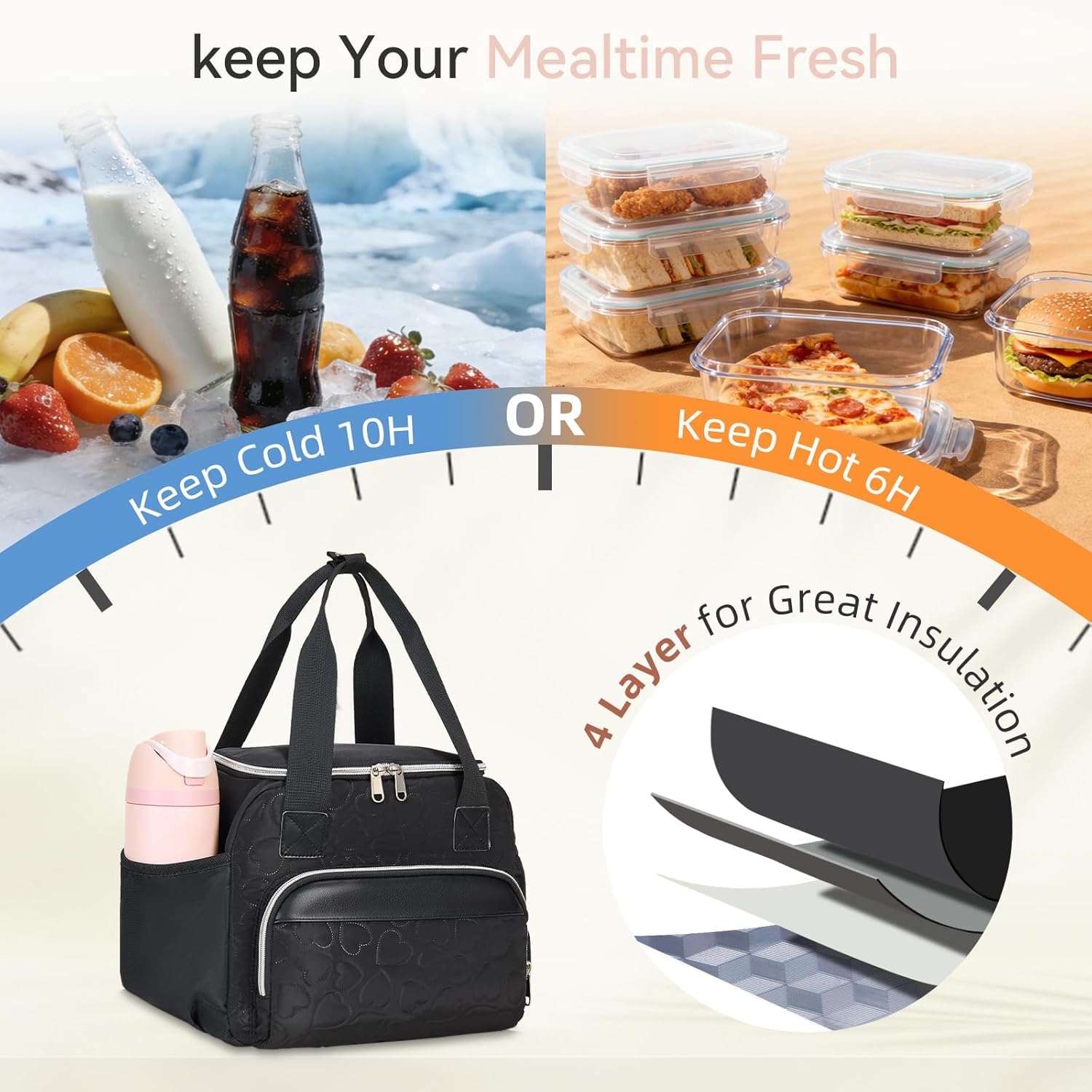 holuxer Insulated Lunch Bags for Women - Large Reusable Leakproof Cute Lunch Box for Adult, Portable Cooler Tote Bag for Work Picnic Meal Prep (Black)