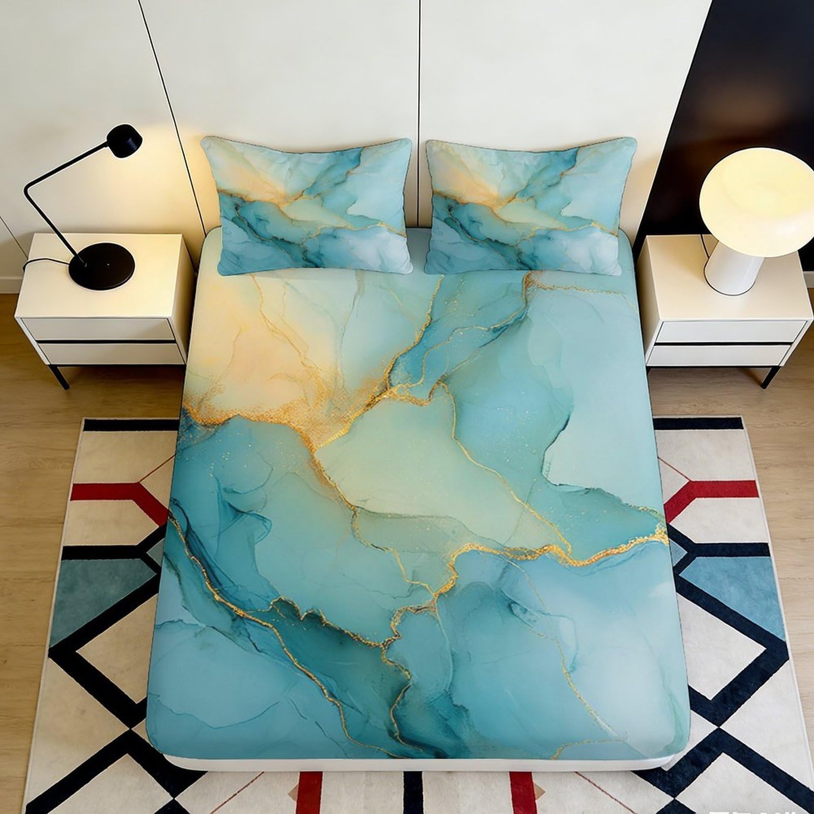 3D Printed Aqua Marble Fitted Sheet Microfiber Soft Bedroom Decor Gold Vein Mattress Cover for Home Dorm 90x200x25cm