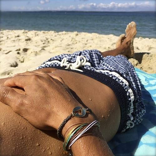 Miniatura 4 de Custom Sized Surfer String Bracelet with Hematite Stones in Tan, Metallic Gold, Aqua, White, and Rust Waxed Cord