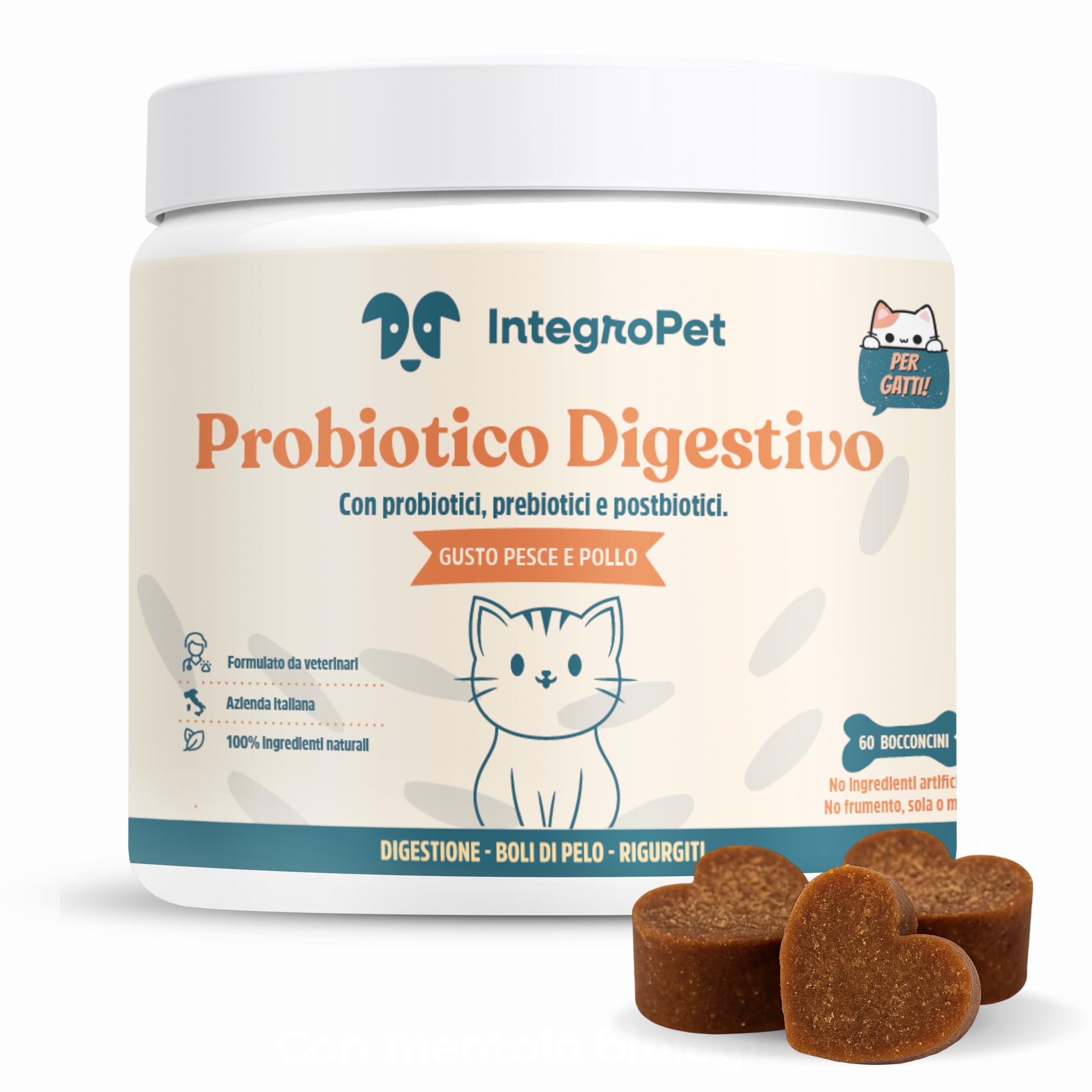 Probiotici Per Gatti Digestivo Naturale Gusto Pollo e Pesce - Integratori per Gatti Contro Diarrea, Vomito e Boli di Pelo