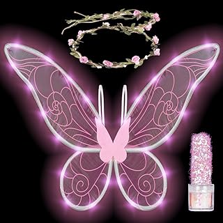 Funcredible Pink Fairy Wings Set with Crown and Glitter - Perfect for Girls, Women, Kids - Halloween Costume Cosplay Dress Up