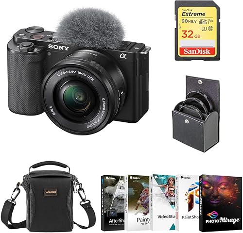 Sony ZV-E10 Cámara sin espejo con lente de 0.630-1.969 in, paquete negro con paquete de software de edición de fotos y video para PC, tarjeta de