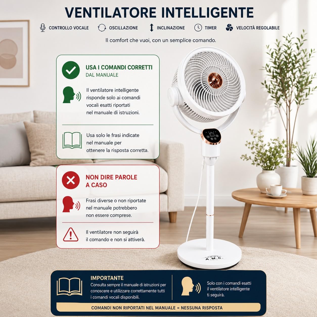 TANIASHOP Ventilatore a Piantana intelligente con Comando Vocale Controllo Touch e Telecomando 6 Velocità 50W Oscillazione Destra Sinistra e Su Giù con Timer Ventola Silenziosa Altezza 112cm