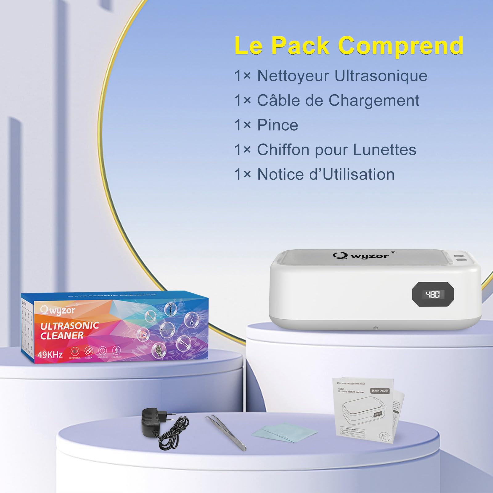 Nettoyeur Ultrasons, 640ml Bac a Ultrason, 49000Hz ultrasonic cleaner avec Écran Numérique, 5 Modes de Nettoyeur Ultrason Bijoux pour Lunettes, Dentiers, Montres, Collier, Monnaie (Bleu) (White)