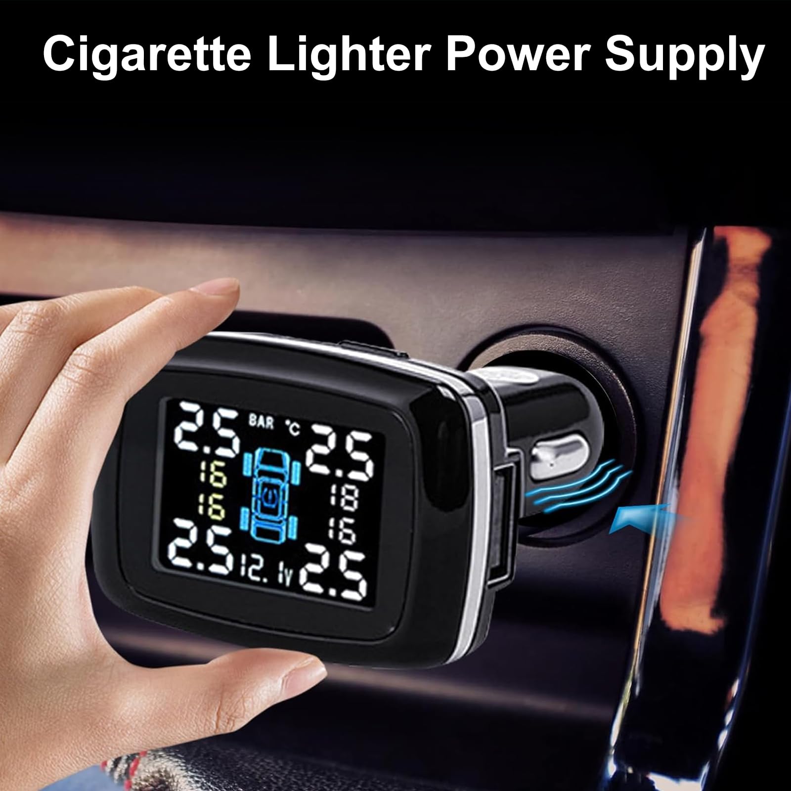 TPMS Reifendruckkontrollsystem,4 Externe Sensoren, Einstellbarer Winkel,Zigarettenanzünder‑&USB‑Anschluss