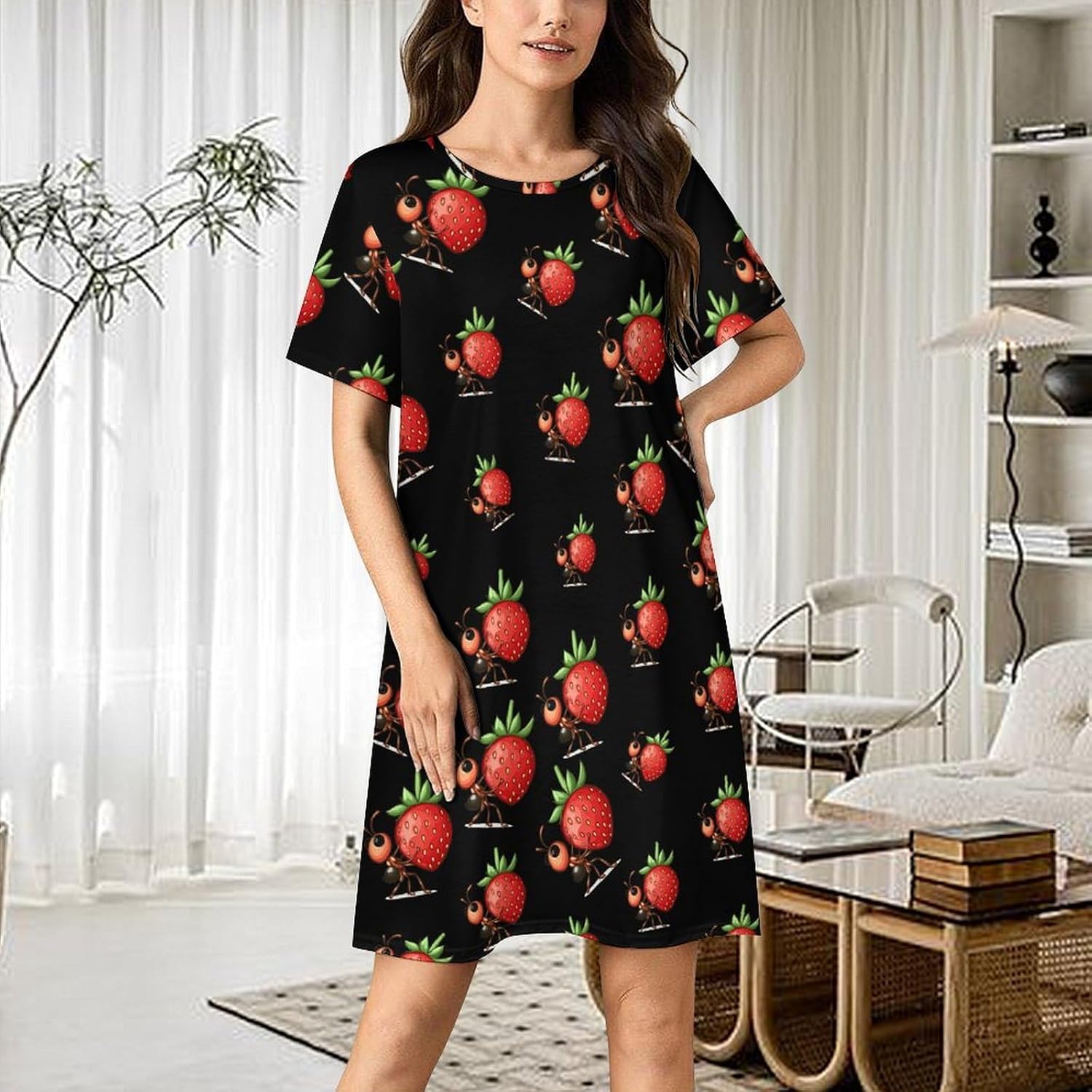 Cute Ant Carrying Strawberry Nightgowns for Women Short Sleeve Sleep Dress Casual Sleepshirt Night Gowns Pajamas