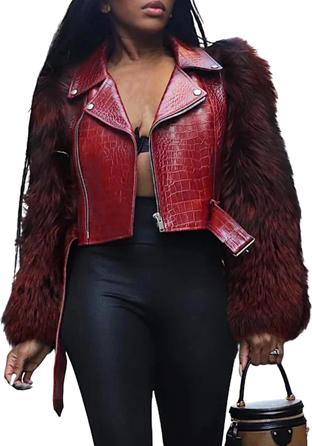 Womens Faux Leather Jacket Winter Patchwork Faux Fur Long Sleeve Cropped Lapel Coat Open Front Fluffy Jacket