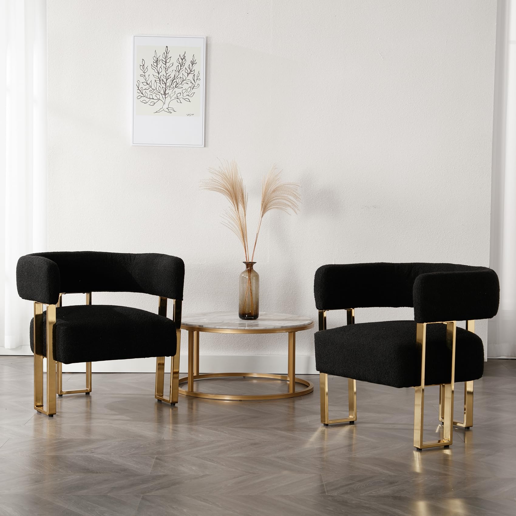 ZH4YOU Boucle Accent Chairs Set of 2, Modern Upholstered Barrel Chairs with Metal Legs, Comfy Club Chair Single Corner Sofa Armchair for Bedroom