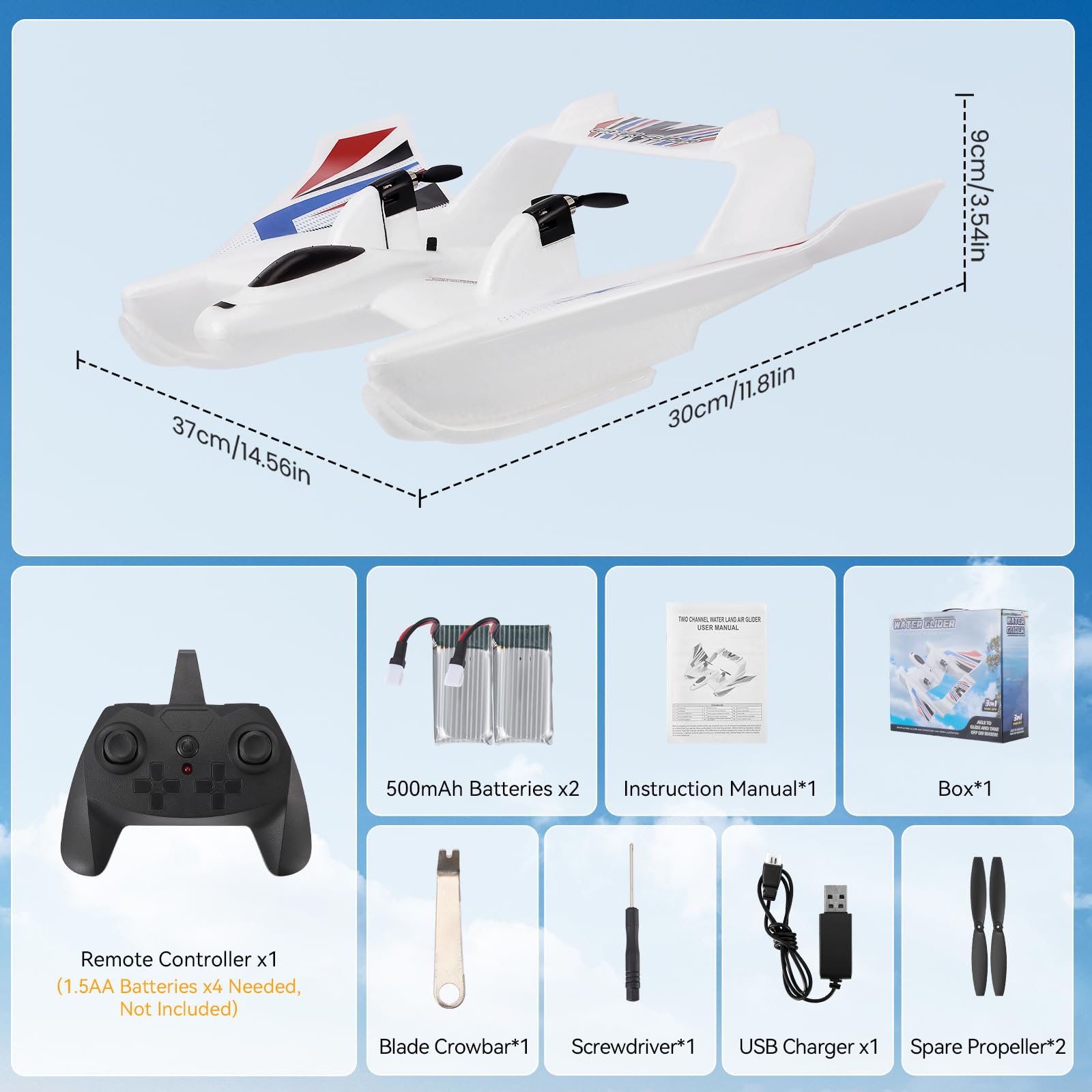 Avión RC Anfibio 3 en 1, 2.4GHz 3CH, para Tierra, Agua y Aire, con 2 Baterías, Material EPP, Blanco