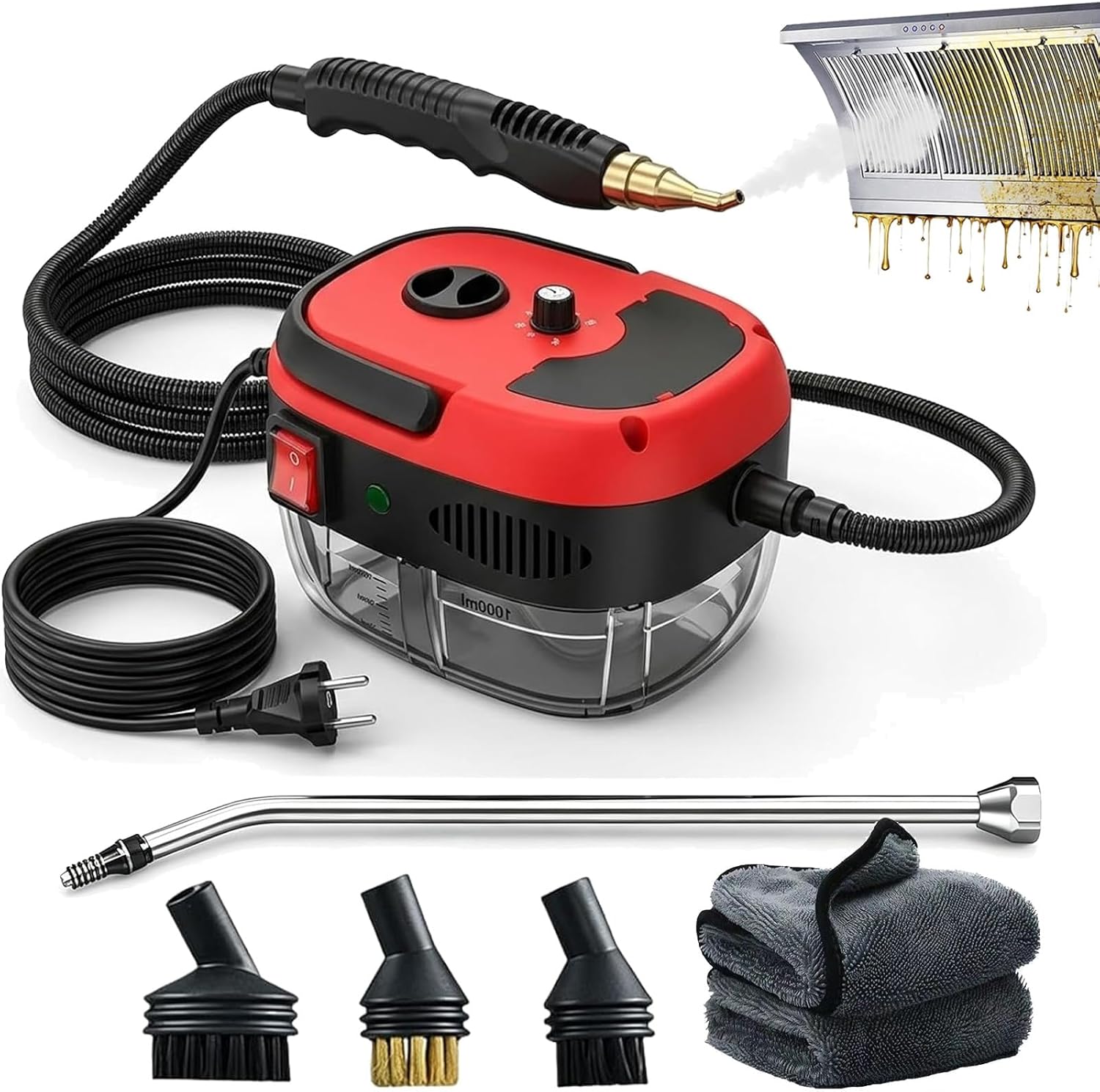 2500w Handheld High-Temperature Pressurized Steam Cleaner with 10 Accessories, 6 Adjustable Levels - Portable Multi-Surface Steam Cleaning Machine for Kitchen, Car, Windows (Red, Dual Control)