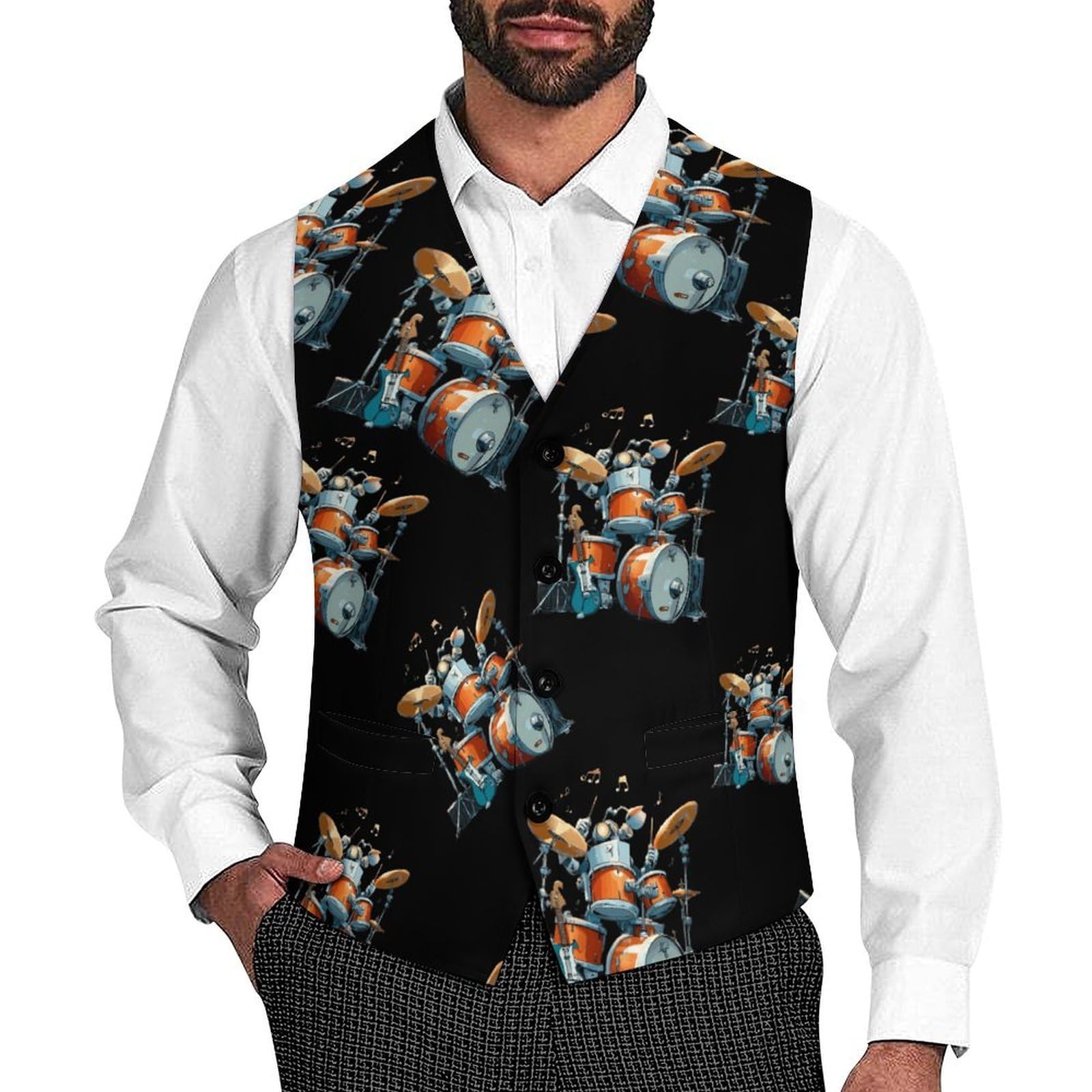 Drum Kit Playing Rock And Roll - Gilet casual da uomo con 2 tasche | Slim Fit Gilet Gilet Business Formale Gemelli Vestito