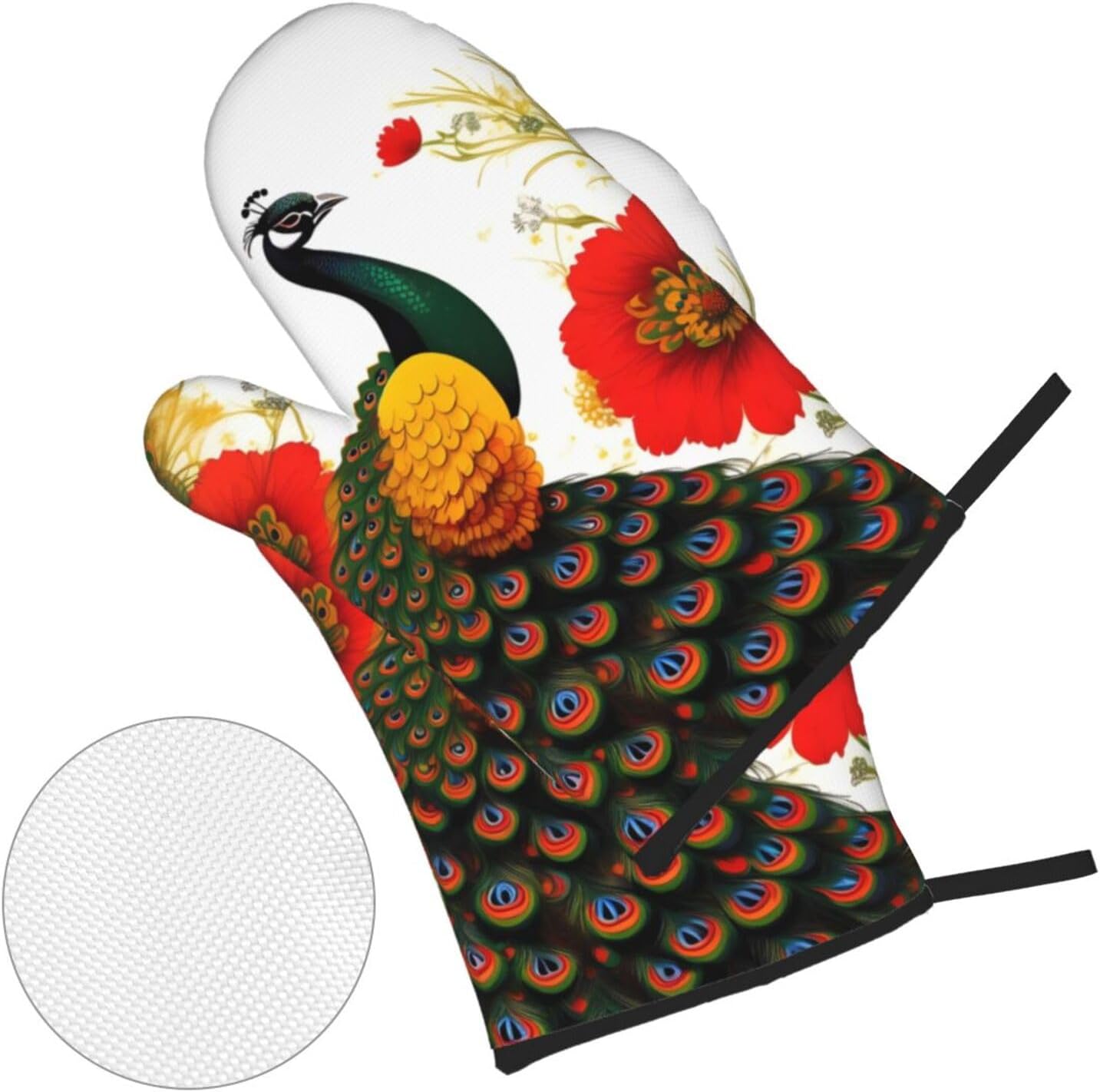 Peacock Red flower Oven gloves and heat-resistant mat 4-piece set. Suitable for grilling, microwave oven frying, and baking