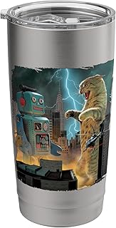 Godzilla Robot Cat Battle New York Retro Parody Stainless Steel Insulated Tumbler