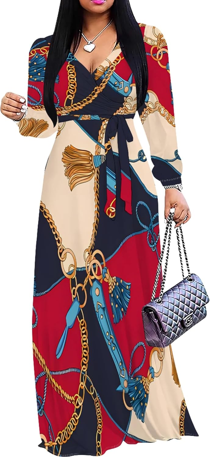 PinkPatty Women's Long Sleeves V Neck Maxi Dresses Flowy Party Wedding Guest Dress with Belted