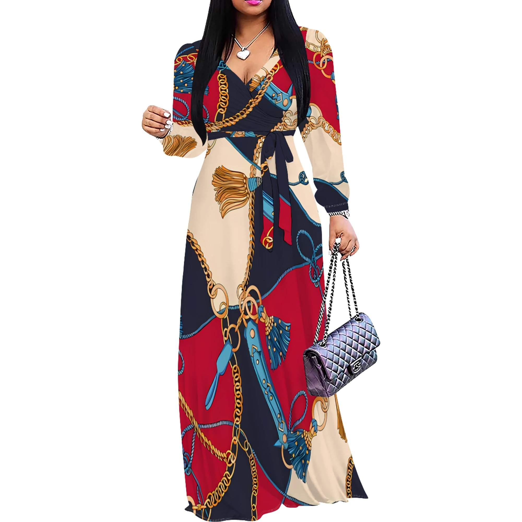 PinkPatty Womens Long Sleeves V Neck Maxi Dresses Flowy Party Wedding Guest Dress with Belted（Print2 3XL）