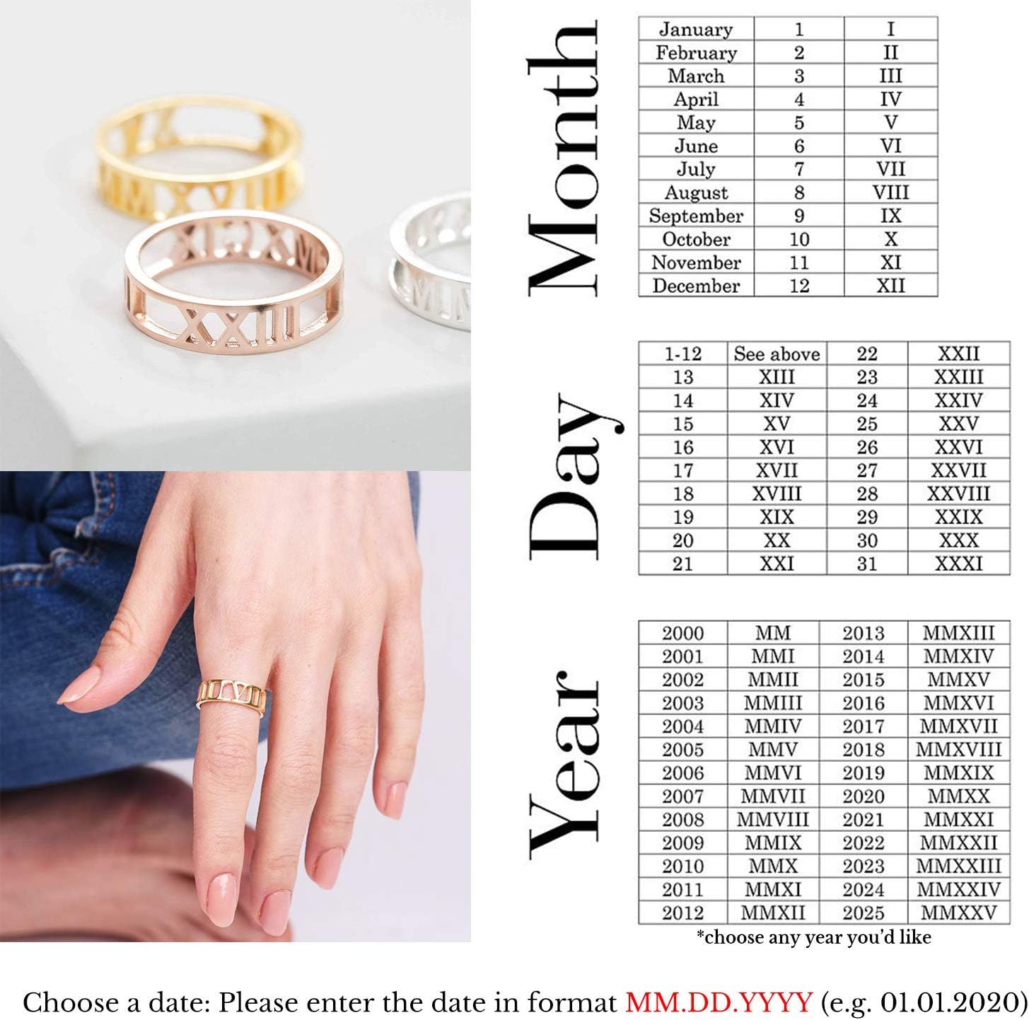 PEIMKO Personalized Cutout Roman Numeral Band Ring, Wedding Date Ring, Custom Made With Any Date/Name Size 4-15