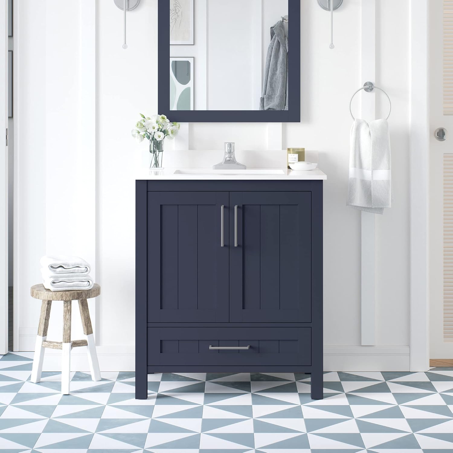 Ove Decors Kansas 30 in. Single Sink Bathroom Cultured Marble Countertop Vanity, in Midnight Blue