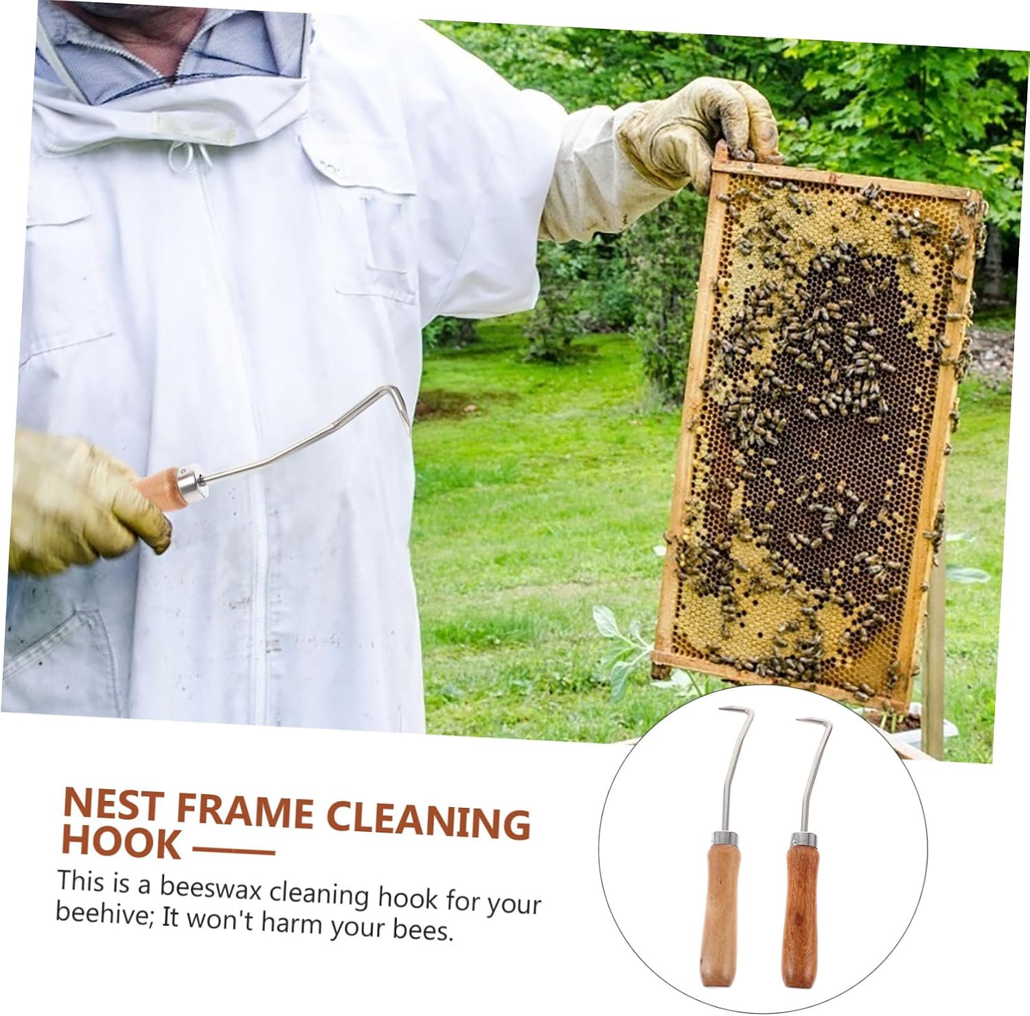 Garneck 2pcs Beehive Cleaning Hook Wooden Handle Essential Beekeeping Tool for Beeswax Removal and Hive Maintenance