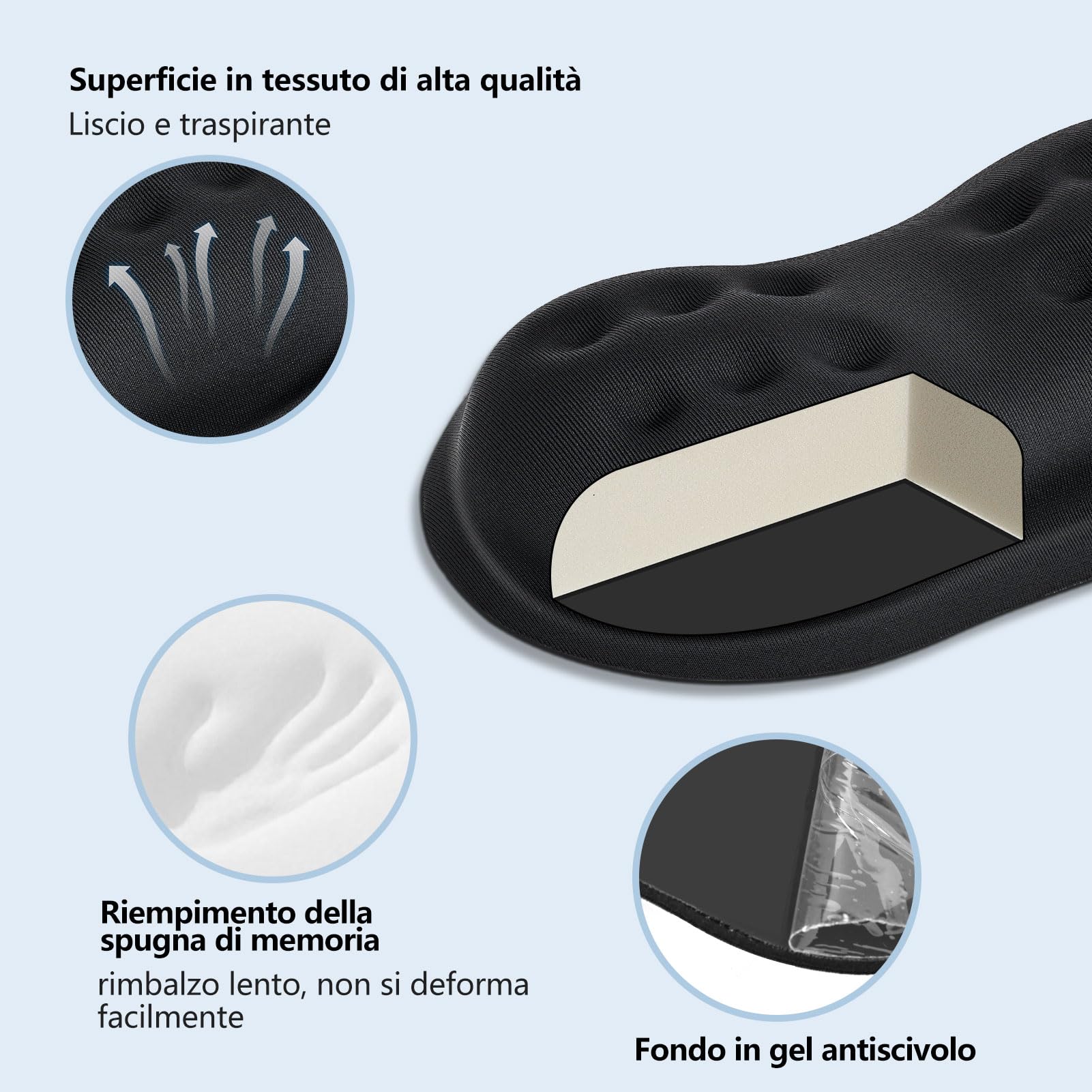 Poggiapolsi Mouse in Memory Foam Ergonomico Antiscivolo Nero