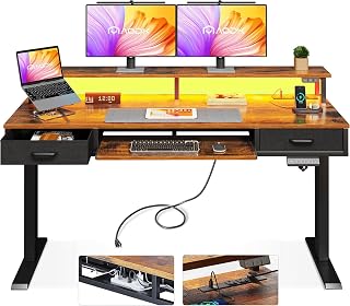 AODK 55 Inch Electric Standing Desk with Drawers, Keyboard Tray, Monitor Stand, Power Outlets & LED Lights - Rustic Brown Home Office Desk