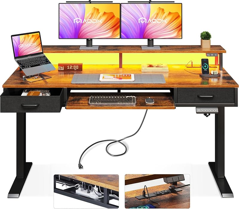 55 Inch Standing Desk with Drawers & Keyboard Tray, Rustic Brown | Power Outlet, LED Lights, Monitor Stand, Cable Management Tray, 3 Memory Heights, 29.9"-46.1" in Range