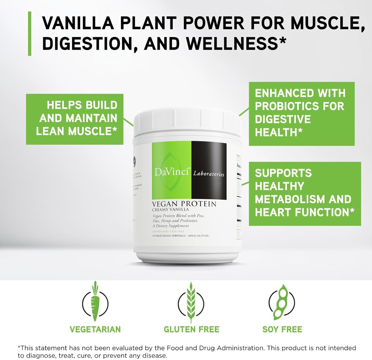 DaVinci Labs Vegan Protein - Protein Powder Supplement Supports Muscle & Tissue Repair* - Vegan Protein Supplement with Pea Protein & Flax Seed - Creamy Vanilla, 15 Servings (405 g)