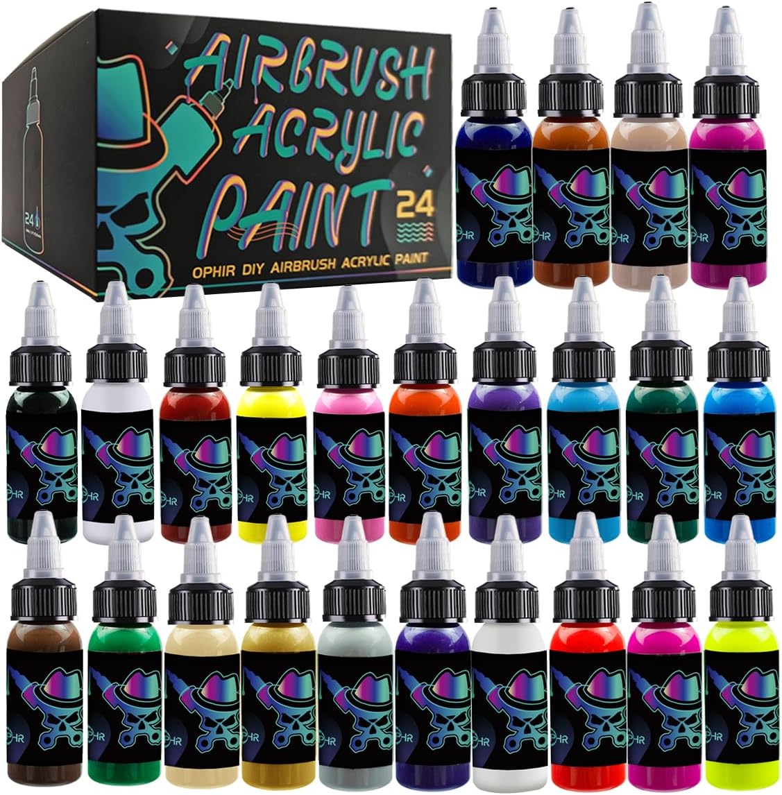 OPHIR Acrylic Airbrush Paint, Fabric Airbrush Paints for Shoes, Model Hobby, Crafts, Leather Painting-Water Based 24 Opaque Colors Air Brush Painting Set, 1.05 oz/Bottle