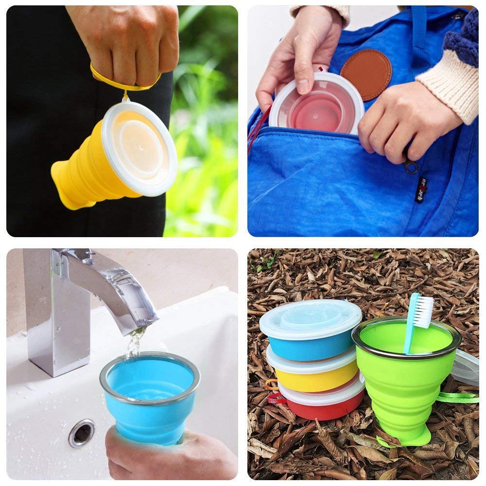 Senhai Tazza da Viaggio Pieghevole a 5 Pacchetti con Coperchio, Tazza Pieghevole Pieghevole 6Oz, Retraibile per Escursionismo Picnic Camping - Blu, Verde, Giallo, Arancione, Rosso
