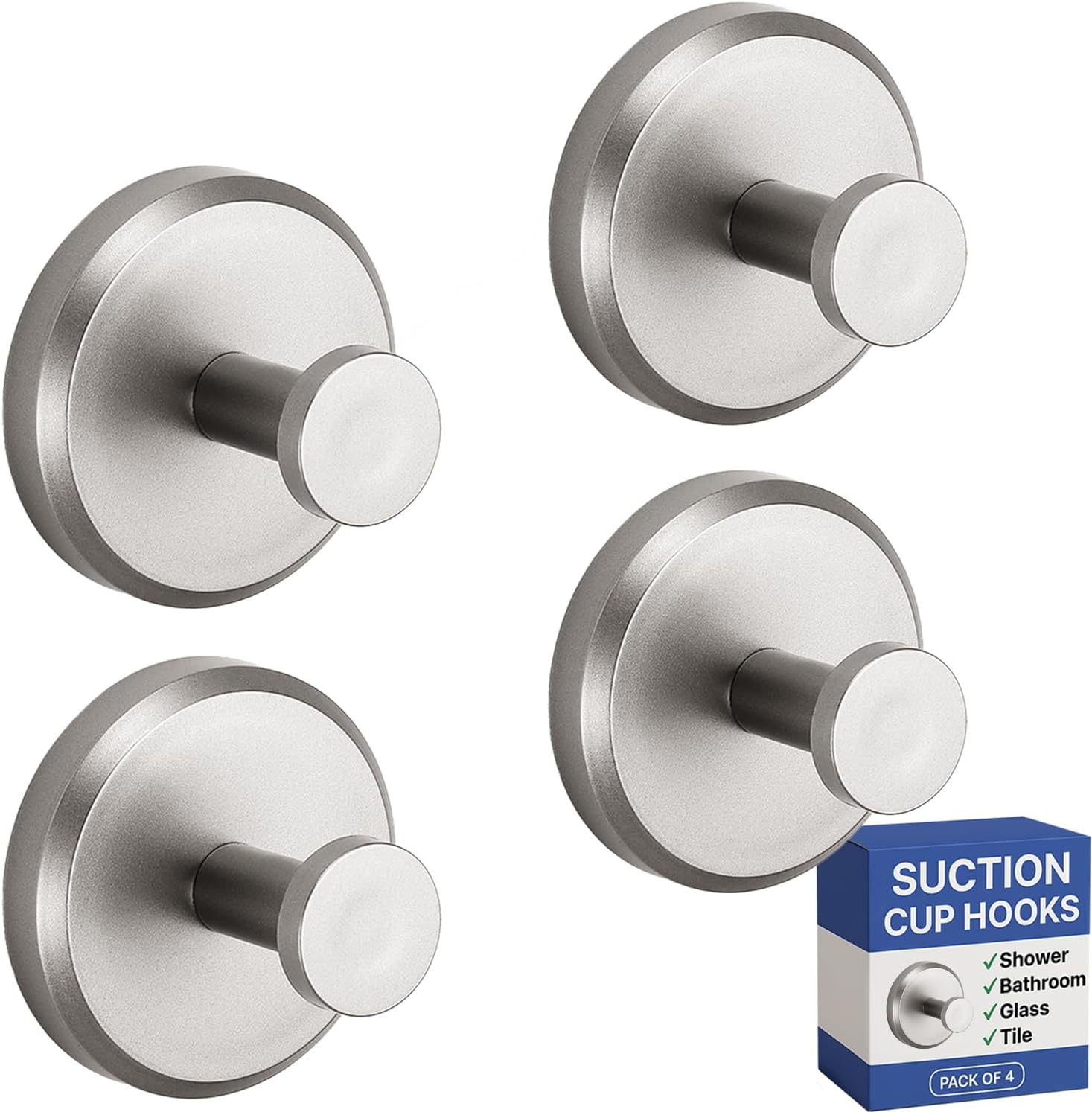 home so suction cup hooks for shower, bathroom, kitchen, glass door, mirror, tile – loofah, towel, coat, bath robe hook holder for hanging up to 15 lbs – polished matte chrome, brushed nickel (4-pack) brushed nickel 4