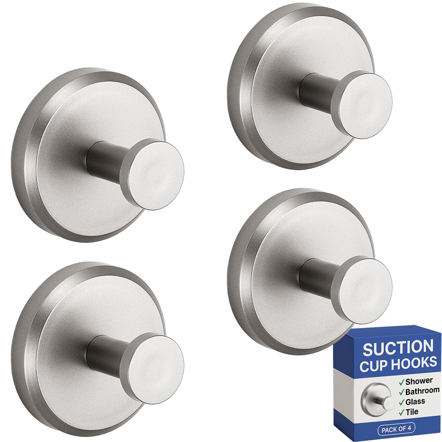 HOME SO Suction Cup Hooks for Shower, Bathroom, Kitchen, Glass Door, Mirror, Tile – Loofah, Towel, Coat, Bath Robe Hook Holder for Hanging up to 15 lbs – Polished Matte Chrome, Brushed Nickel (4-pack)