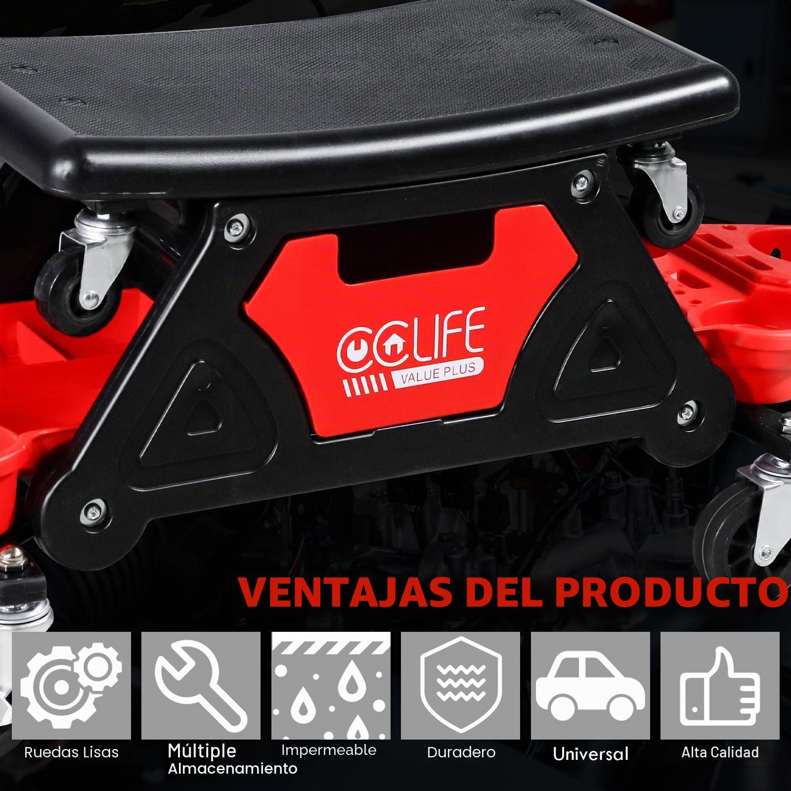 CCLIFE Taburete Mecánico con Ruedas, Asiento de Taller con Bandejas para Herramientas, Carga Máxima 180kg, Ideal para Reparación de Automóviles