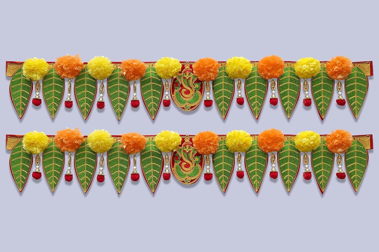 HEGIENES DECOR'S Traditional Mango Leaves and Marigold Flower Handmade Door Hanging/Bandarwal/Toran for Door Piece Garlands for Door Toran mandir Main Entrance Pooja Room (Ganesh pan Toran 4, 2Pcs)