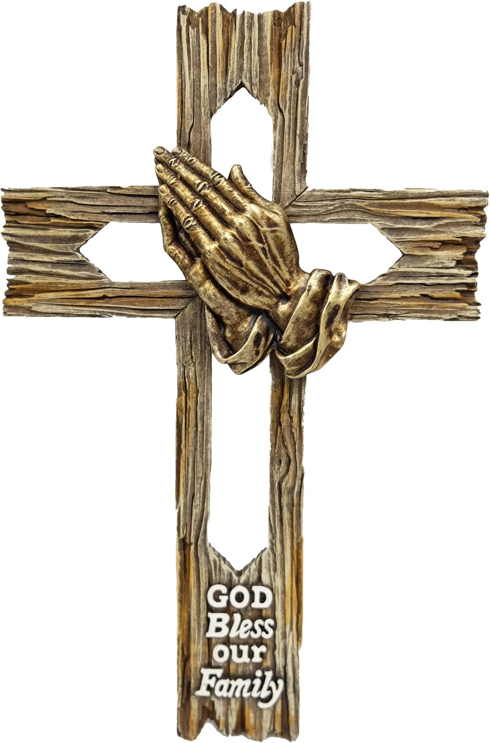De Leon Collections Polyresin Hollowed God Bless Our Family Praying Hands Faux Wood Accent Hanging Wall Cross
