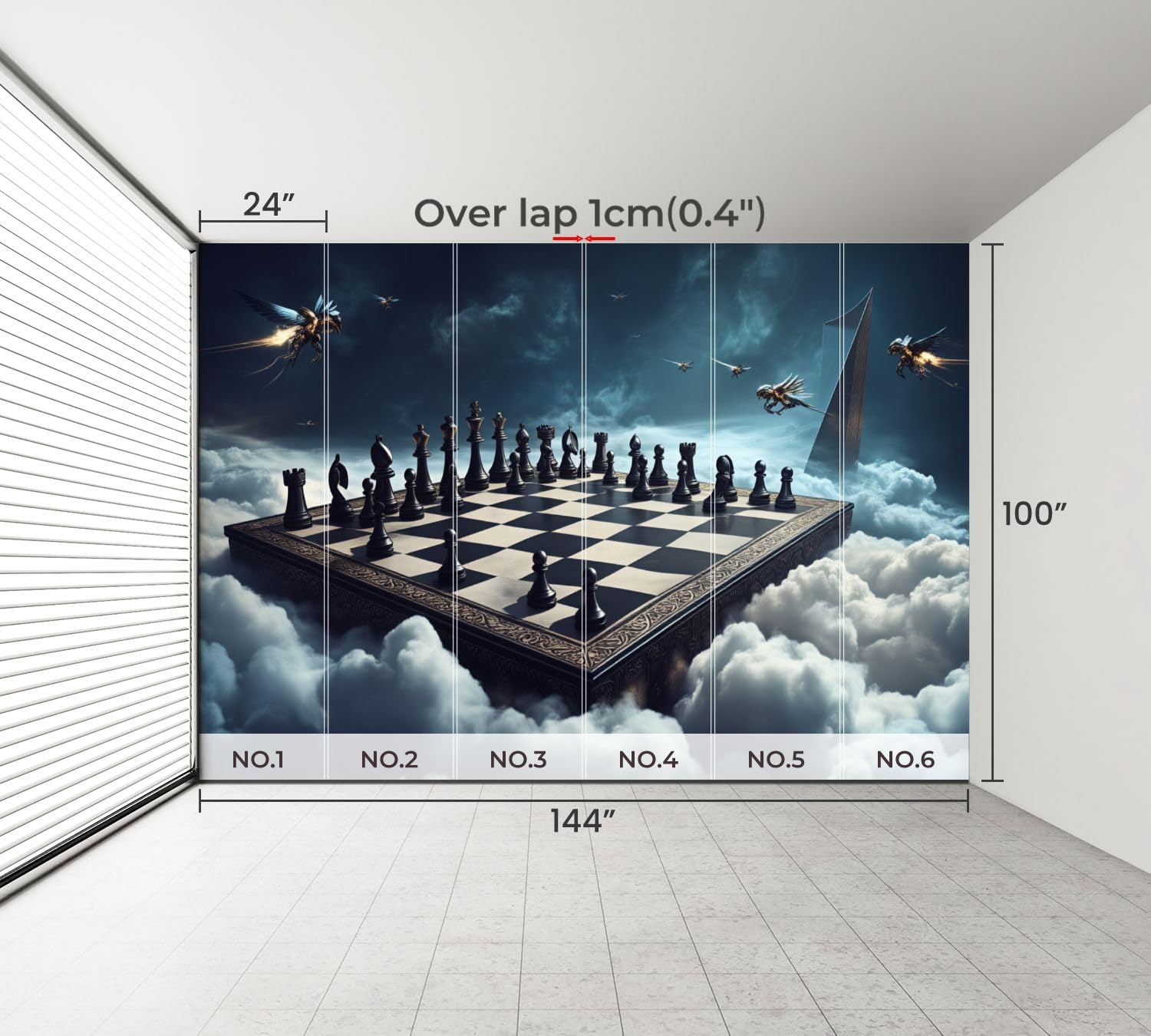 100"x144" Chess Wall Mural Peel and Stick Wallpaper Fantasy Chessboard Floating Clouds Dark Sky Mythical Wall Decor Self Adhesive Removable Wall Stickers for Bedroom Game Room Chess Players Decor