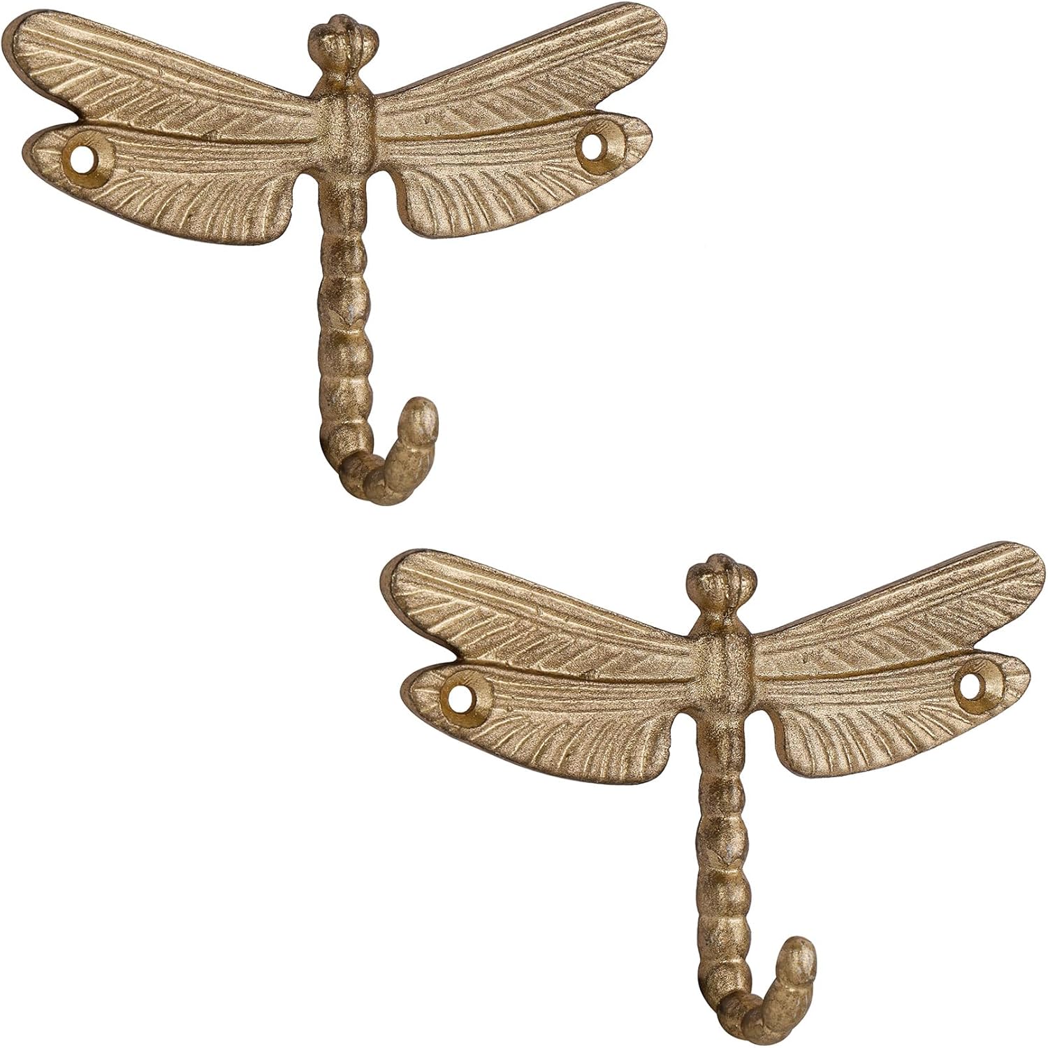 SOFFEE DESIGN 2PCS Metal Golden Dragonfly Wall Hooks, Rustic Bathroom Kitchen Hangers, Outdoor Patio Decor with Anti-Rust Coating