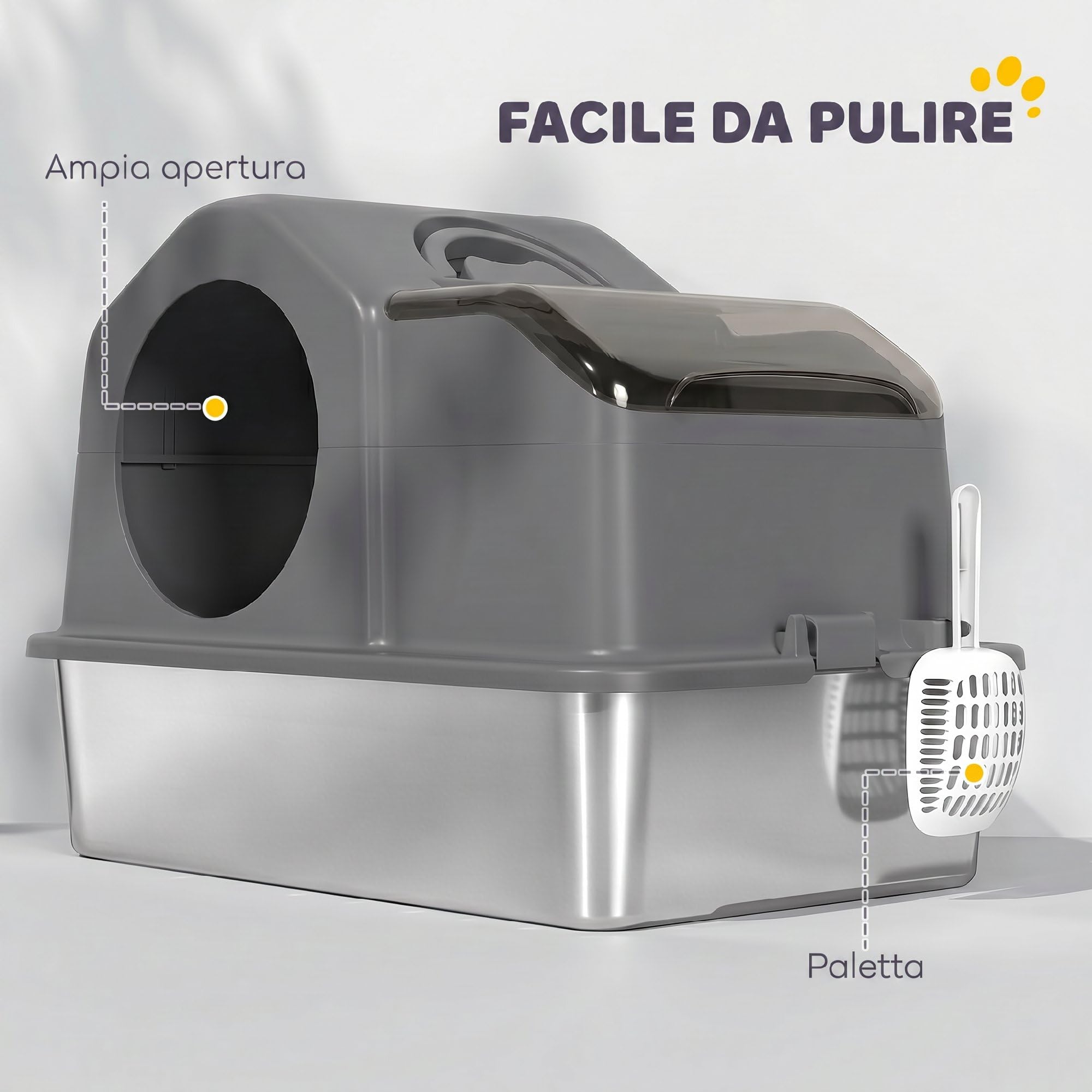 PawHut Lettiera Gatto Chiusa XL in Acciaio Inox 60.5x40.5x45cm Grigio Scuro | Con Coperchio, Toilette per Gatti 36L con Pareti Alte, Paletta, Tappetino Raccogli-sabbia