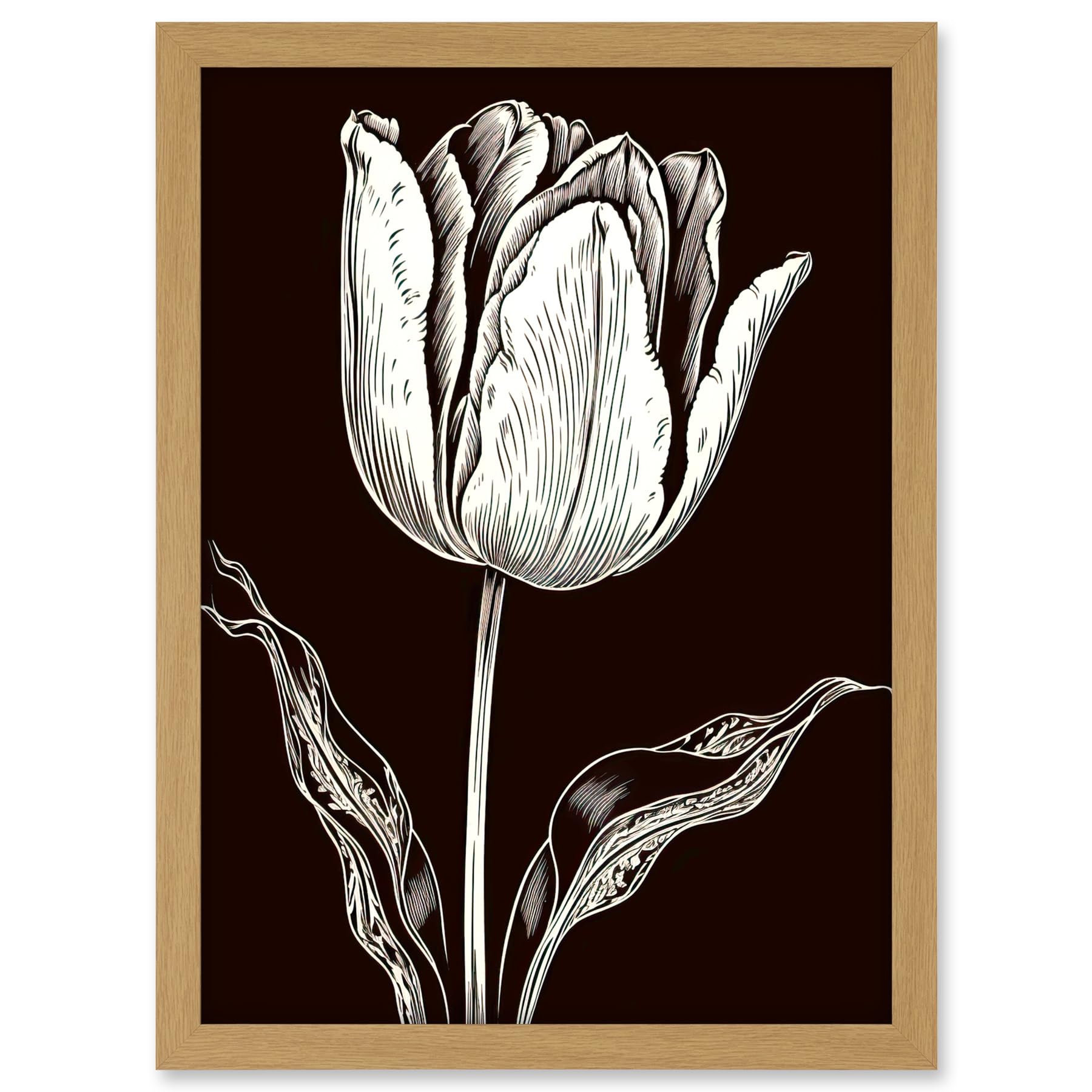 Artery8 Tulip Flower Black and White Contour Folk Art Artwork Framed A3 Wall Art Print
