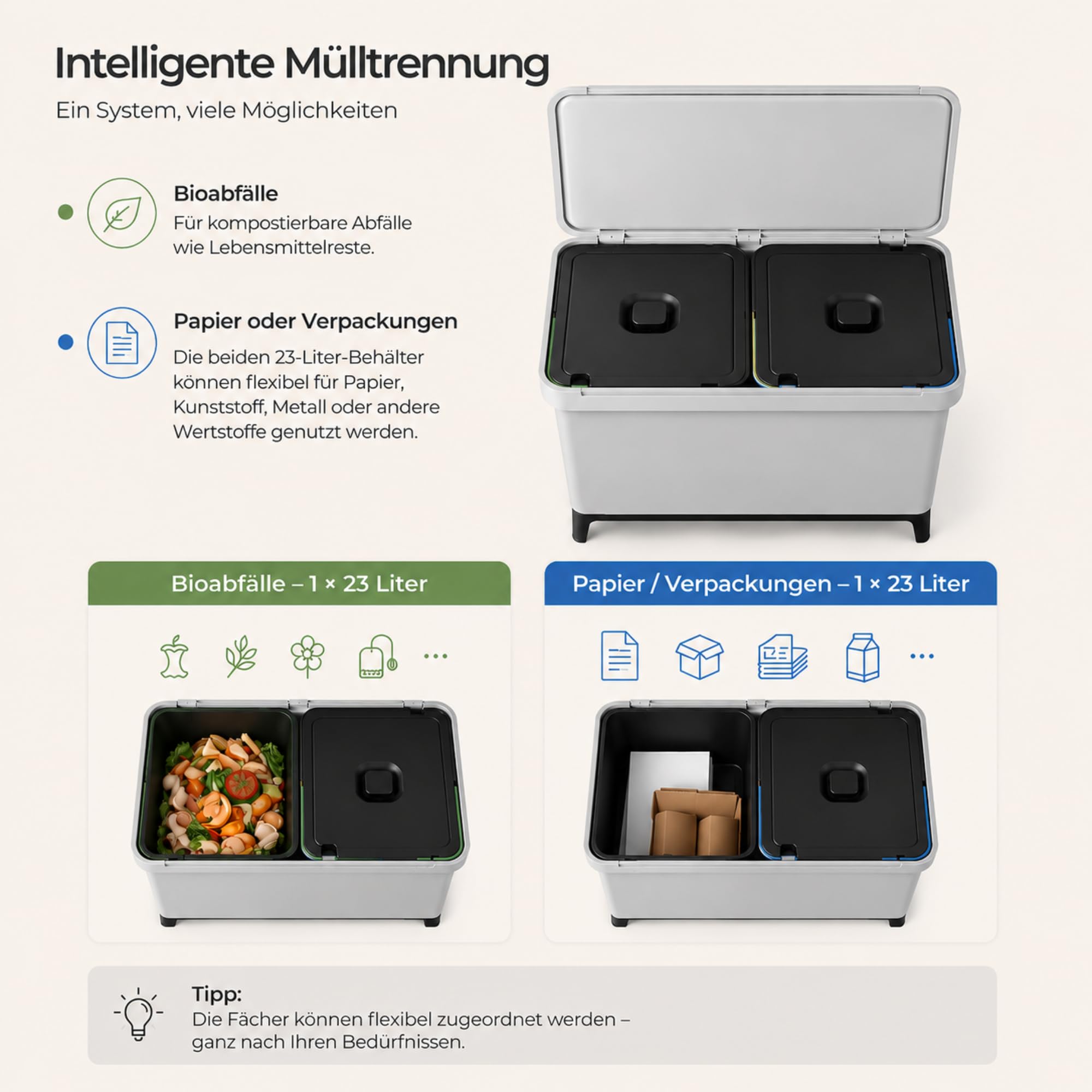 Stalco KEDEN SYSTEMA Mülltrennsystem 2-Fach, 46L: Abfalleimer 2x23L Recycling Mülleimer Mülltrenner Wandmontage Grau (2 Fach)