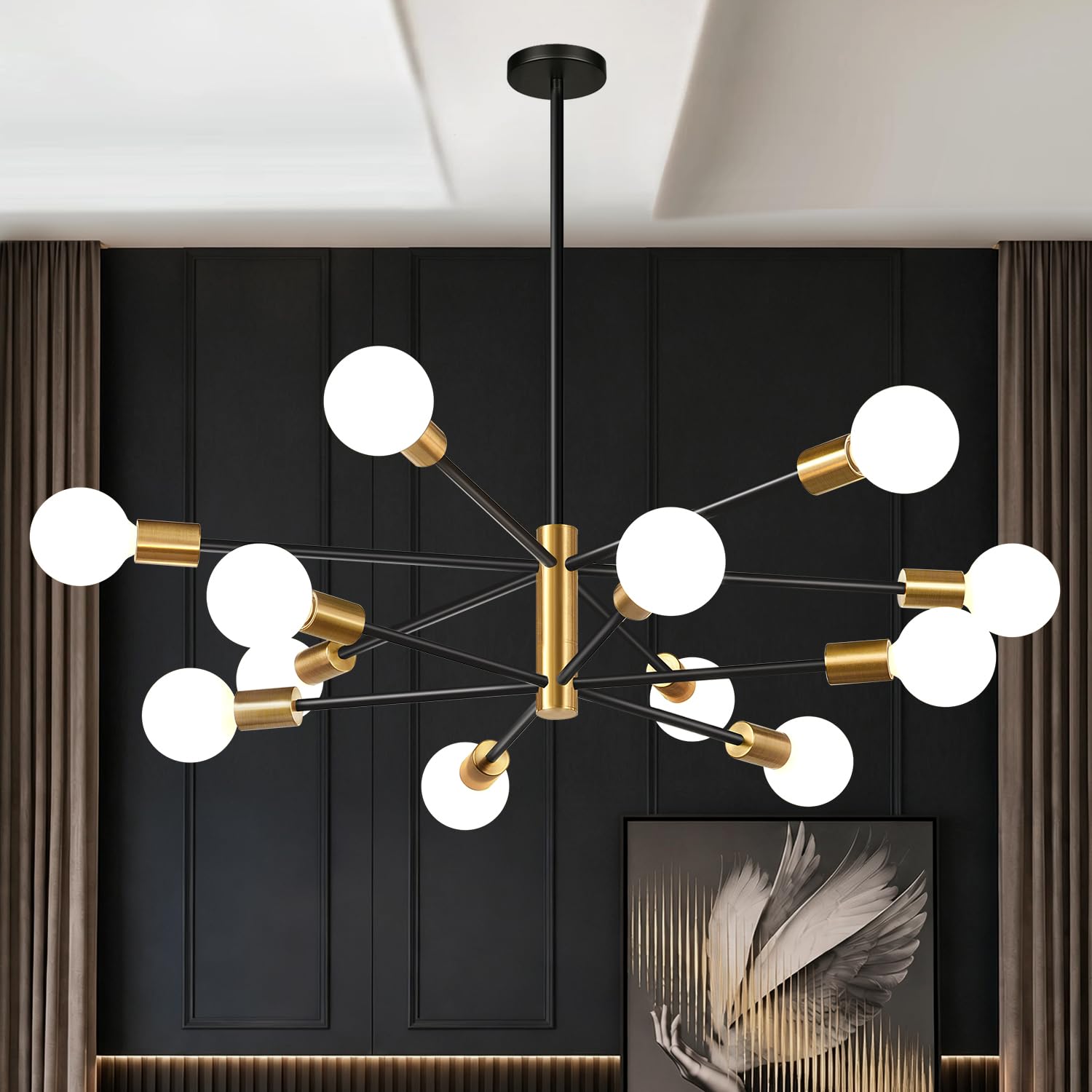 MQMQA Modern Chandelier Ceiling Light Fixture, Sputnik Chandeliers Mid Century Chandelier Over Table, Chandeliers for Dining Room Living Room, Black and Brushed Gold, 12-Light, 33-Inch