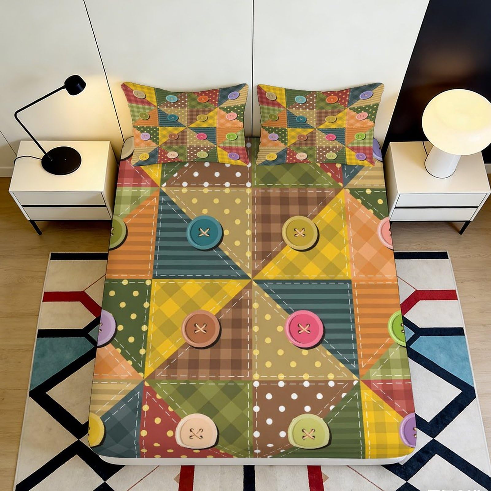 3D Printed Patchwork Buttons Fitted Sheet Microfiber Colorful Geometric Bed Cover for Bedroom Dorm Mattress Decor 120x200x25cm