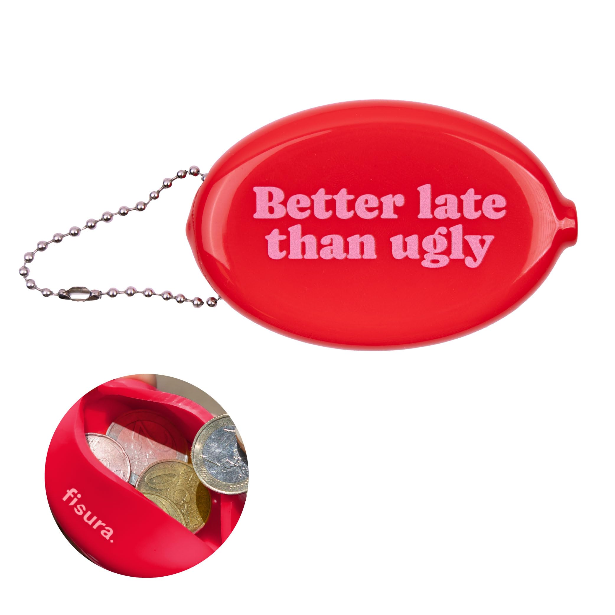 Fisura Better Late Pink Oval Rubber Coin Purse Retro Coin Purse with Chain Small Pocket Wallet Unisex Gift 1 Unit.