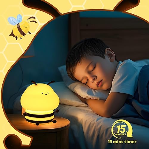 Miniatura 6 de YuanDian Linda luz nocturna de abeja para niños, lámpara de noche de guardería Kawaii Animal Nightlight con 7 colores, 3 niveles regulable, control