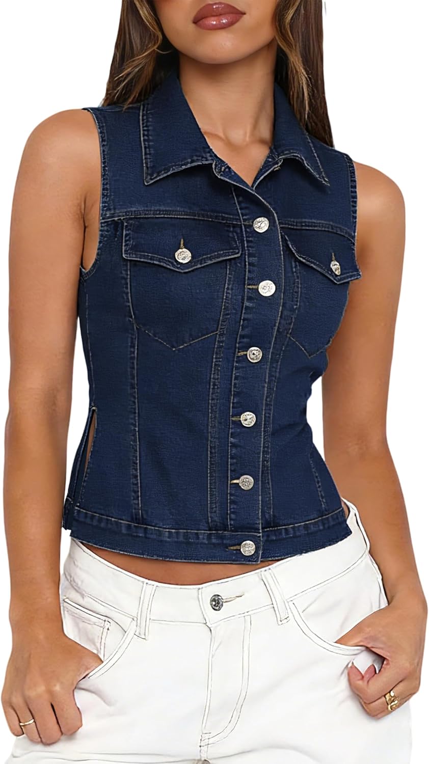 POTILI Women's Denim Vest Top Button Down Sleeveless Jean Vest Jackets Side Slit Collared Fitted Waistcoat Shirt with Pocket