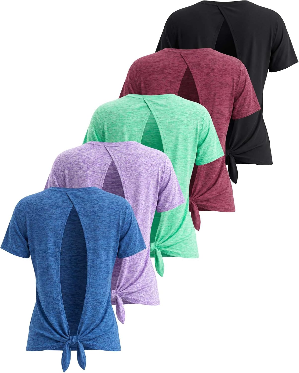 Real Essentials 5 Pack: Women's Short Sleeve Open Back Tie Back Dry-Fit T-Shirt Yoga Gym Workout Top